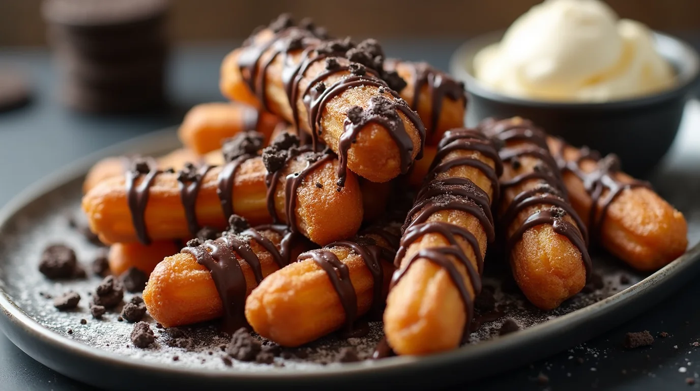A plate of Oreo churros drizzled with chocolate sauce and topped with crushed Oreo cookies.