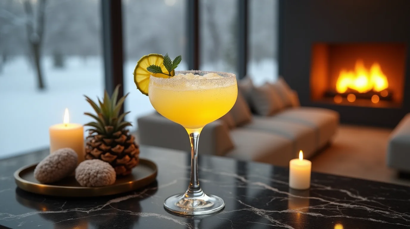 Pineapple Margarita cocktail on a marble counter with cozy winter decor.