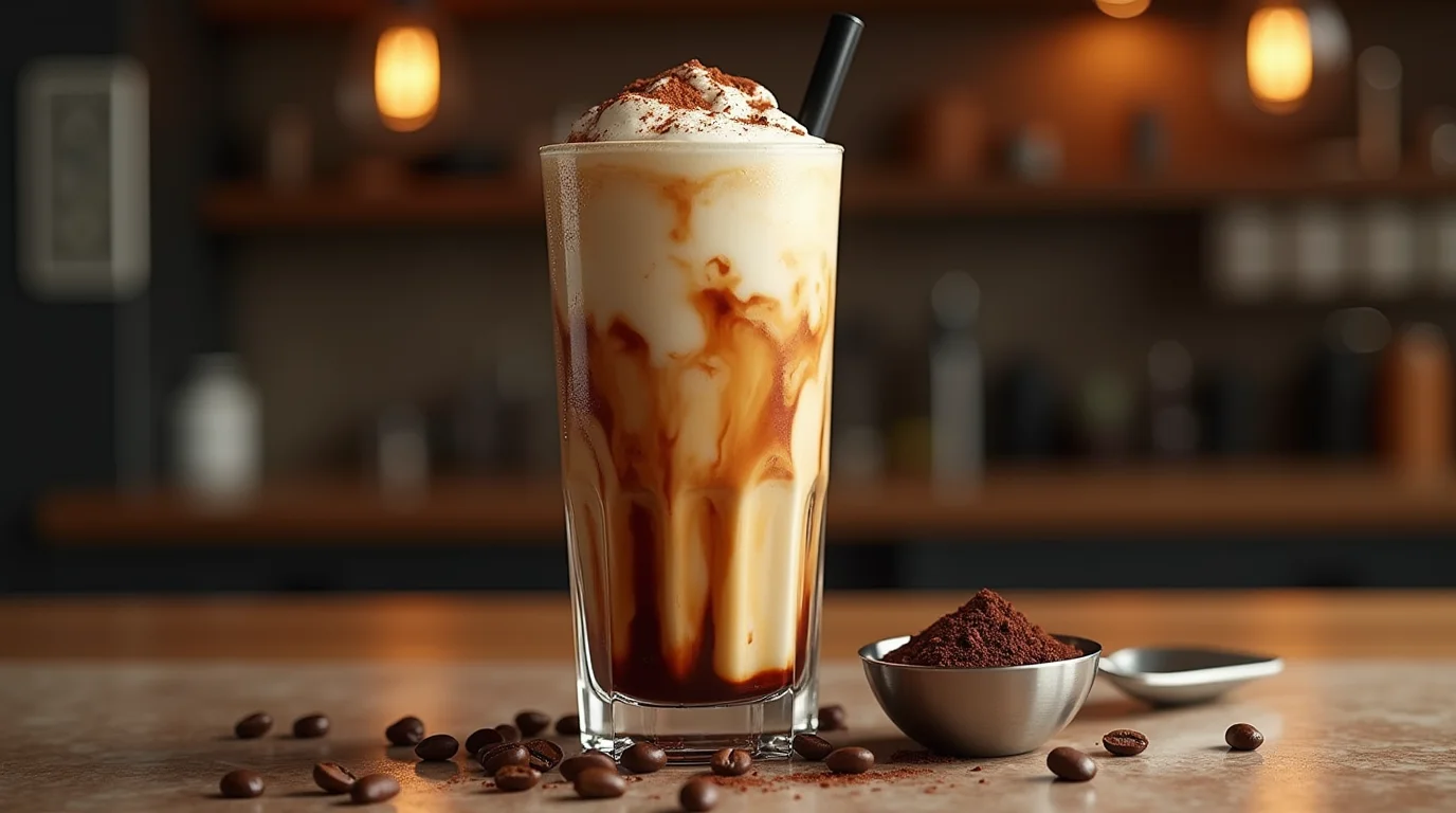 Protein coffee recipe with creamy froth in elegant glass mugs on a rustic wooden tray.