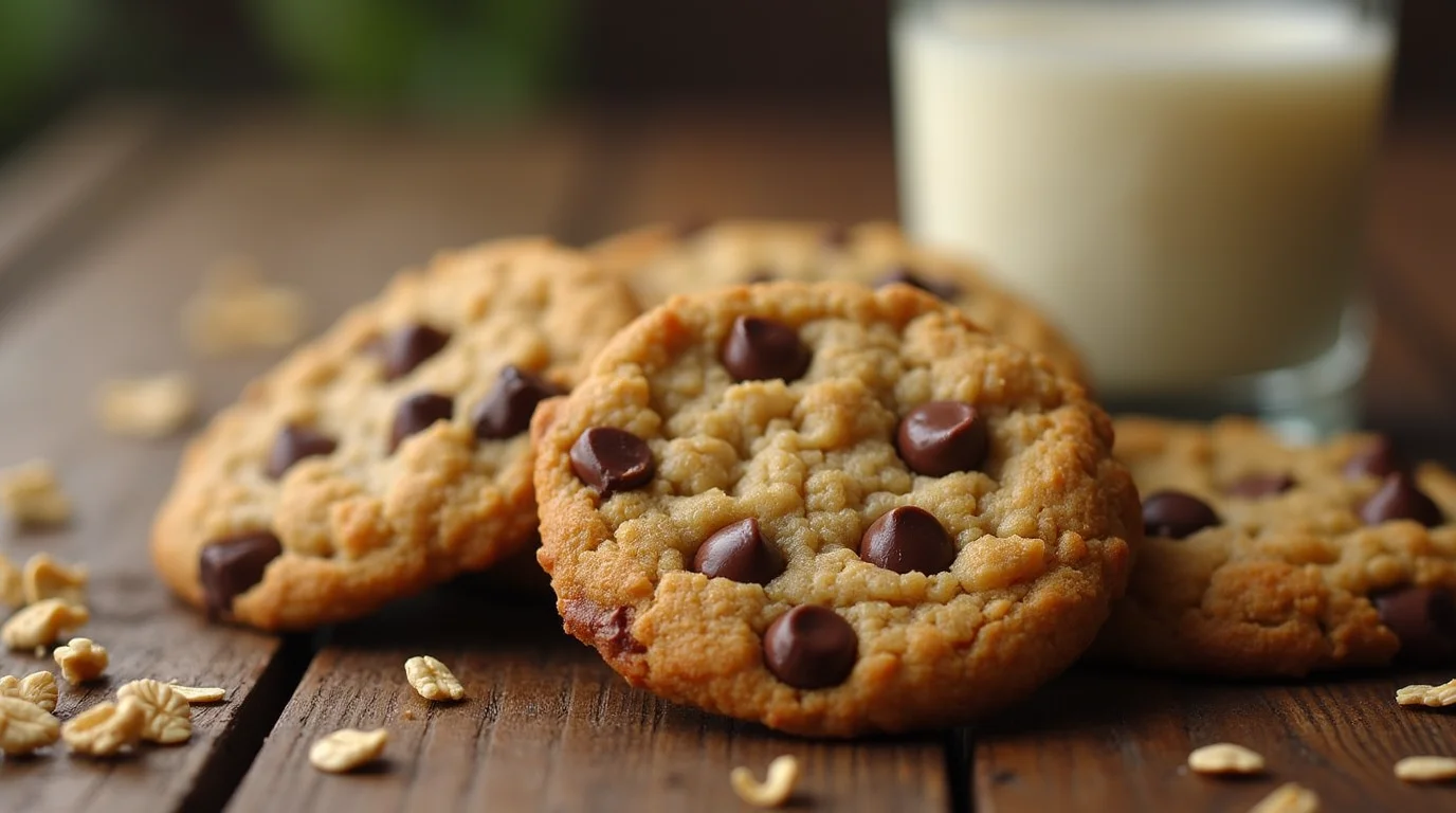 Quaker Oats oatmeal cookie recipe with chocolate chips, served on a wooden table alongside a glass of milk.