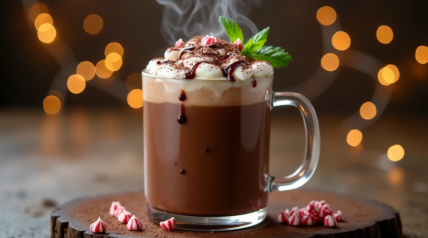 Simply Spiked Hot Chocolate in a clear mug, topped with whipped cream, chocolate drizzle, and peppermint candies.