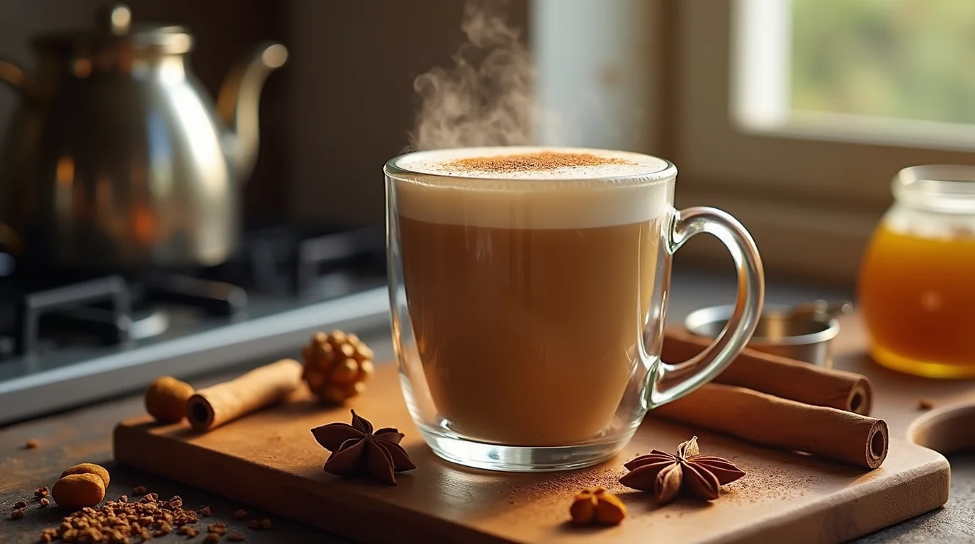 Warm Starbucks Chai Latte Recipe served in a clear glass mug with frothy milk, surrounded by cinnamon sticks and star anise on a wooden board.