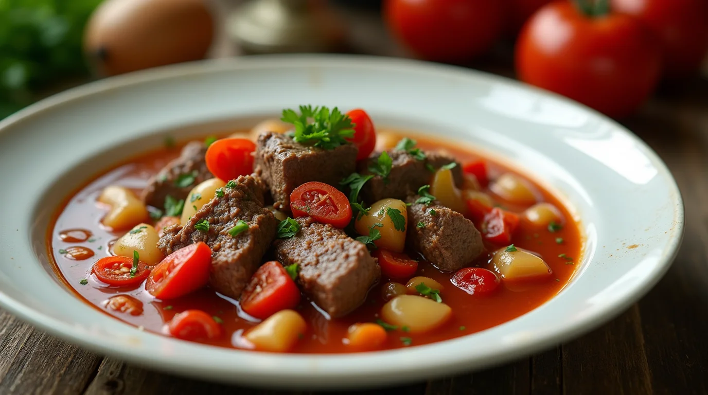 Tomato beef stew with tender chunks of beef, potatoes, and cherry tomatoes garnished with fresh parsley.