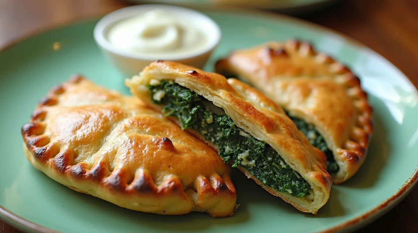 Golden and flaky Trader Joe's Spanakopita filled with spinach and cheese, served on a green plate with a side of creamy dip.