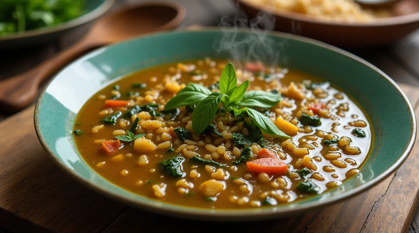 A bowl of steaming Traditional Lentil Soup With Greens And Rice and vegetables, garnished with fresh basil leaves.