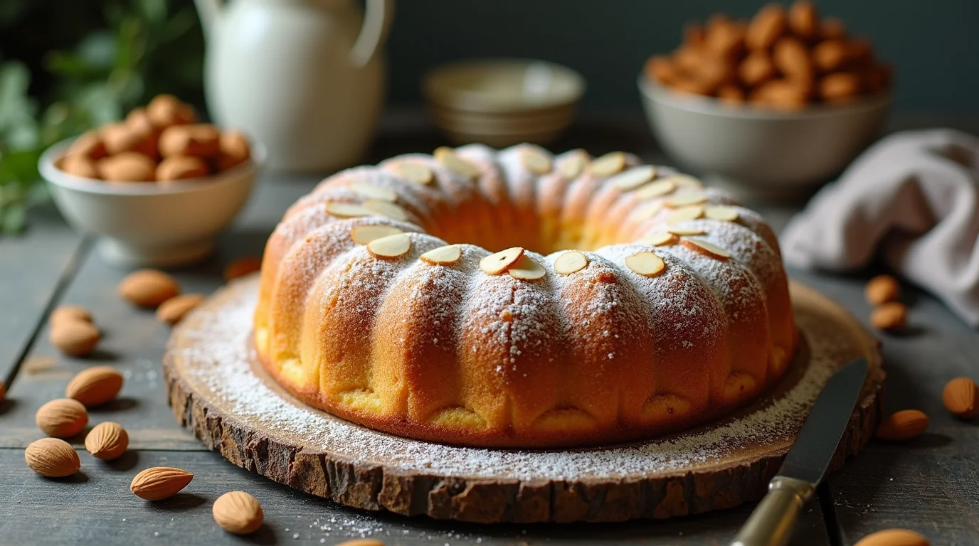 A beautifully baked almond nut cake recipe presented on a rustic wooden platter, dusted with powdered sugar and garnished with almond slices.