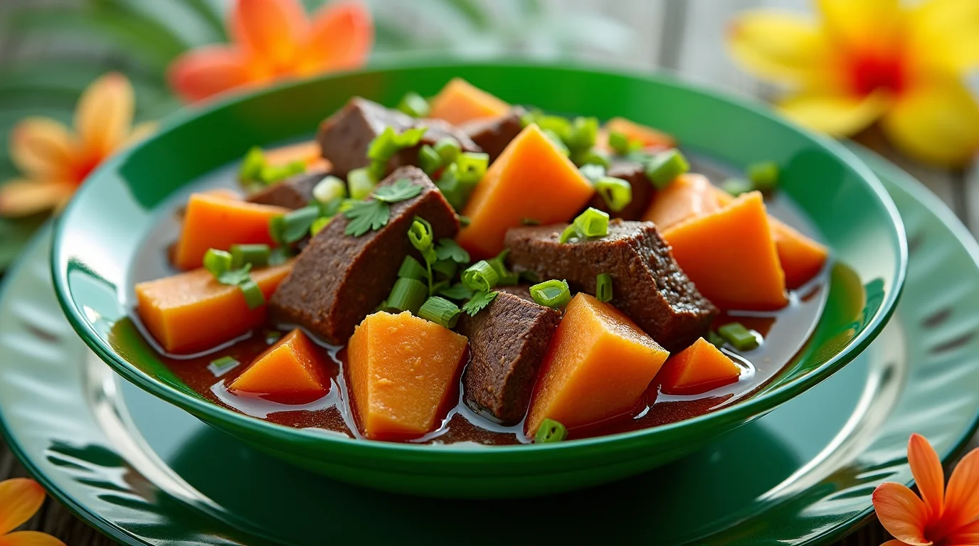 Bowl of Hawaiian beef stew recipe with sweet potatoes and garnished with green onions