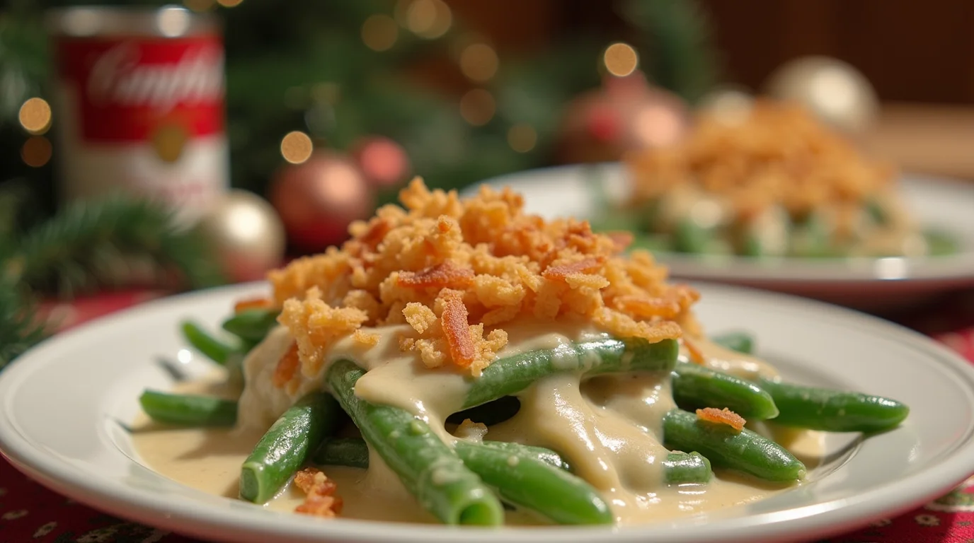 Campbell Soup green bean casserole recipe topped with crispy fried onions, served on a white plate.