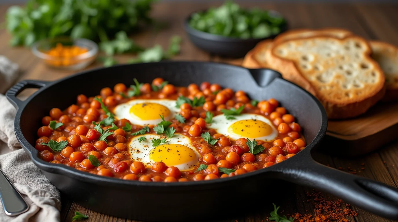 Chickpea shakshuka with eggs in a skillet, garnished with parsley, served with toasted bread.