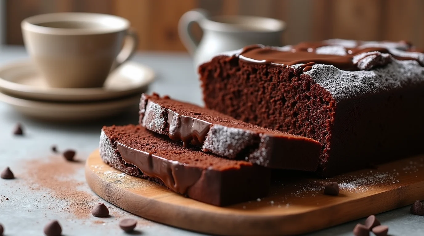 A rich and moist chocolate pound cake recipe sliced on a wooden board, with chocolate drizzle on top and cocoa powder dusting, accompanied by coffee cups in the background.