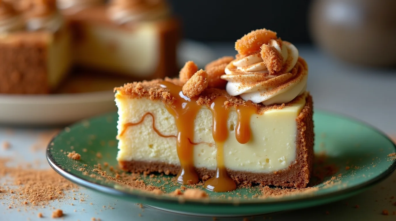 A slice of creamy churro cheesecake recipe topped with caramel drizzle, whipped cream, and cinnamon crumble on a green plate.