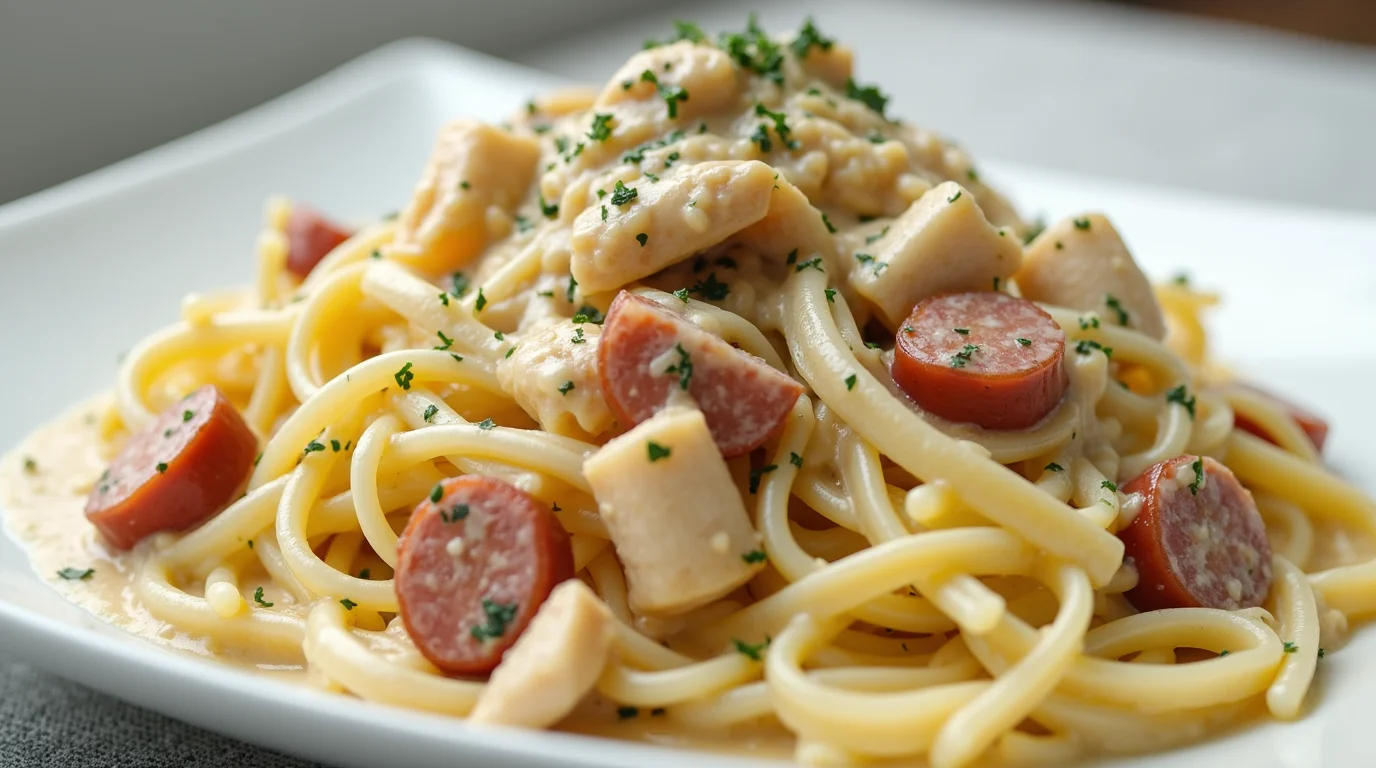 A close-up of creamy chicken and Italian sausage recipes with pasta, featuring tender chicken pieces, sliced Italian sausage, and a rich creamy sauce served over spaghetti.