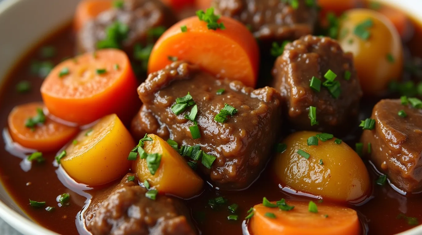 A hearty bowl of Dinty Moore beef stew recipe with tender beef chunks, carrots, potatoes, and fresh chives in a rich gravy.