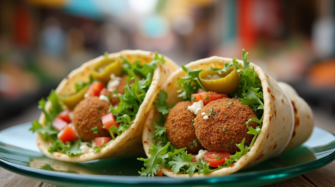 Fresh falafel gyro filled with crispy falafel balls, fresh greens, tomatoes, and jalapeños on a plate.