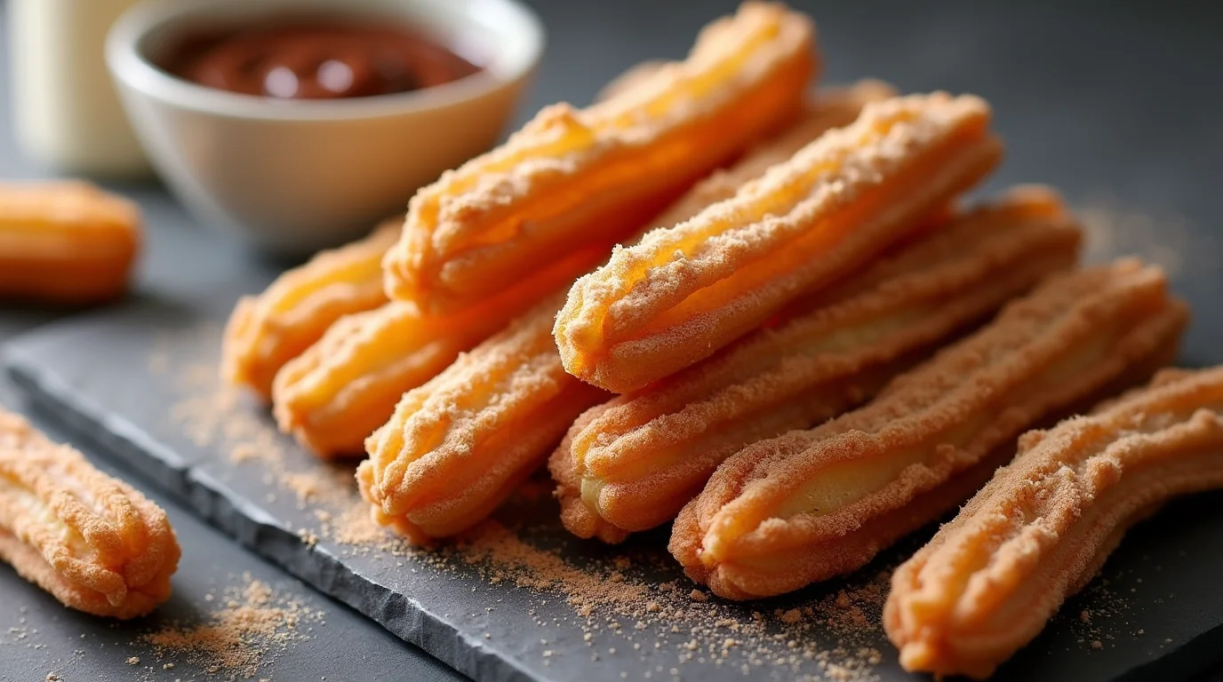 A stack of frozen churros dusted with sugar, served with a side of chocolate dipping sauce.
