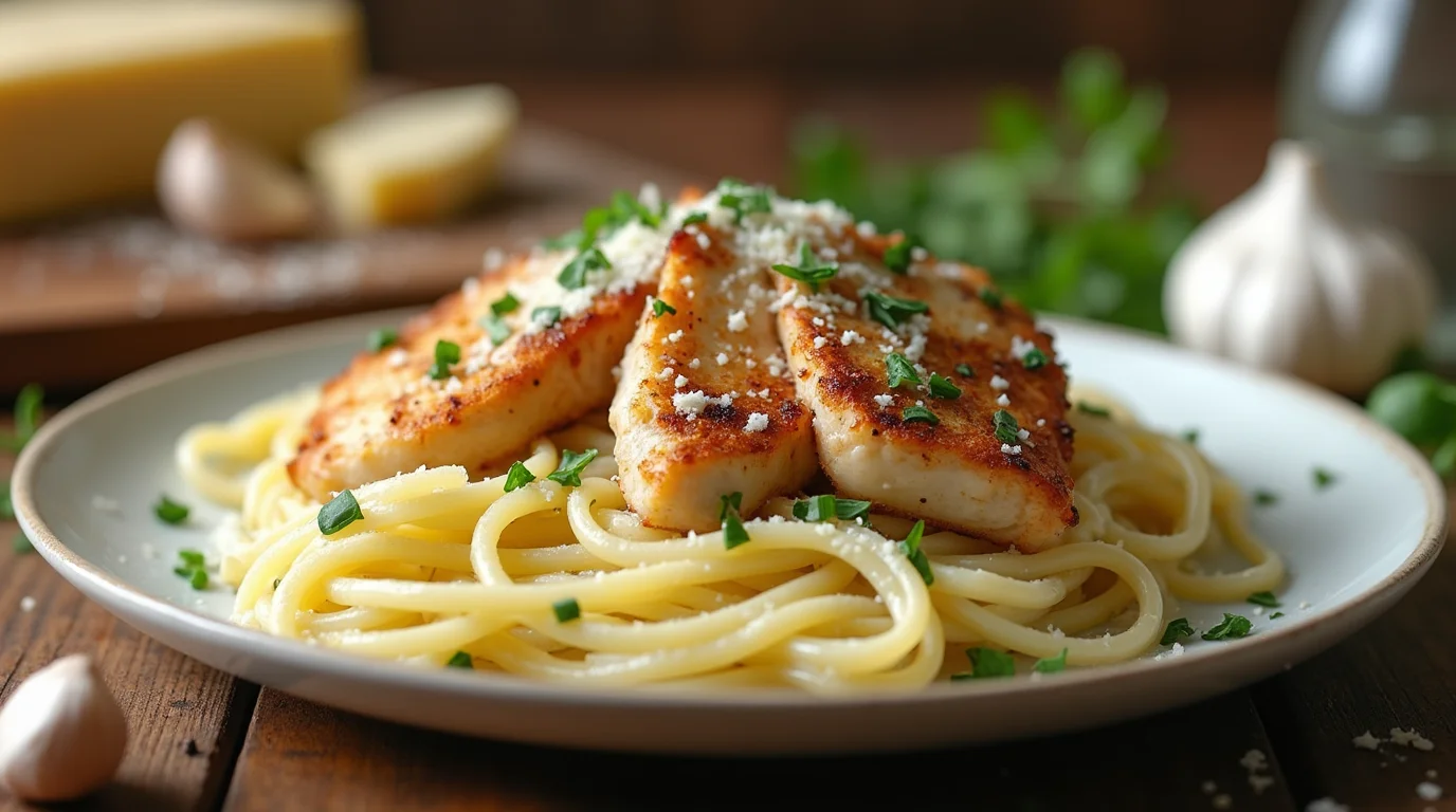 Garlic parmesan chicken pasta served on a white plate, garnished with parsley and grated parmesan, with a rustic wooden background.