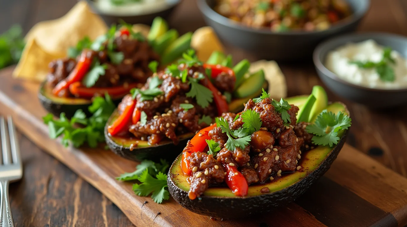 Honey-Glazed Beef and Pepper Stuffed Avocado Boats garnished with cilantro on a wooden board.