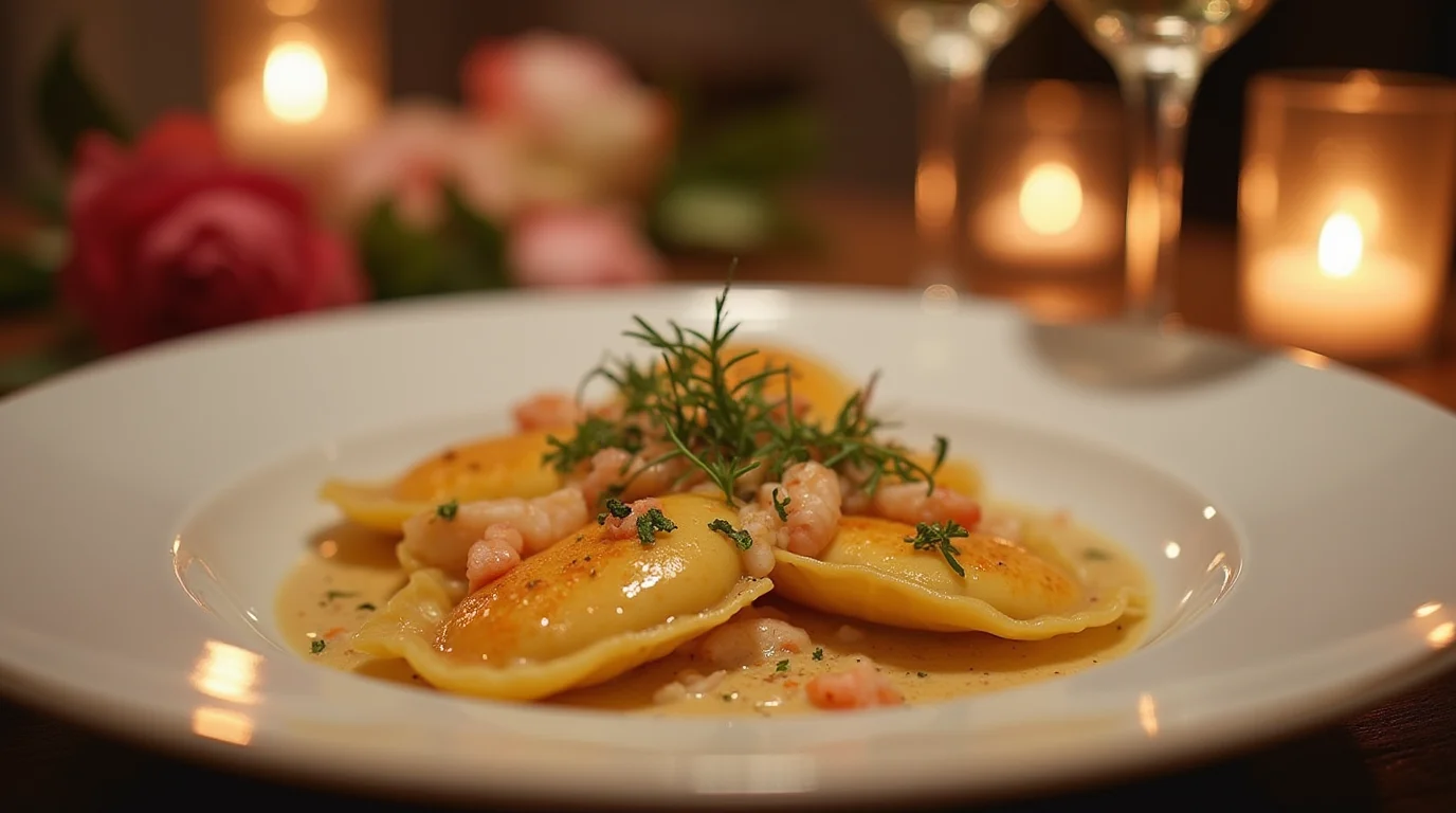 Close-up of Lobster Ravioli garnished with fresh herbs and served in a creamy sauce.