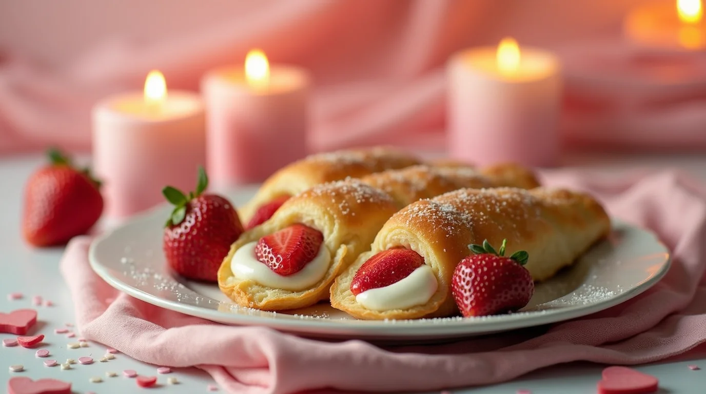 Decadent lobster tail pastry filled with cream and topped with fresh strawberries, served on a romantic Valentine’s Day setting.