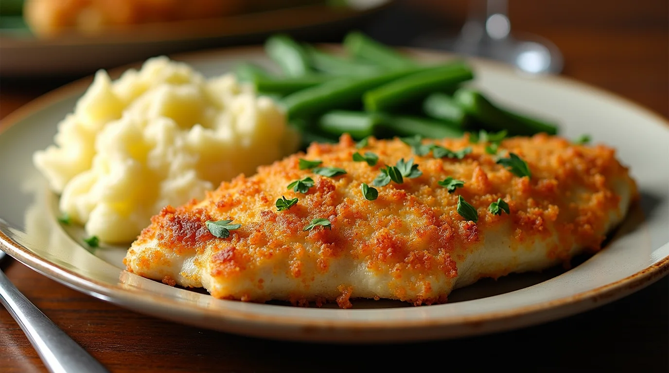Perfectly golden Longhorn Parmesan Crusted Chicken served with creamy mashed potatoes and fresh parsley garnish.