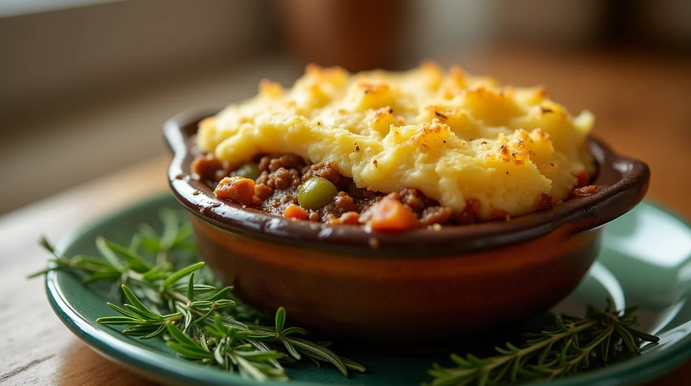 mouthwatering crockpot shepherds pie with golden mashed potatoes and savory meat filling in a rustic bowl.
