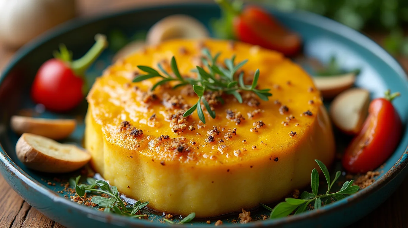 A vibrant dish featuring a creamy round of golden mashed potatoes infused with niter kibbeh traditional recipe, garnished with fresh rosemary and accompanied by cherry tomatoes and potato slices.
