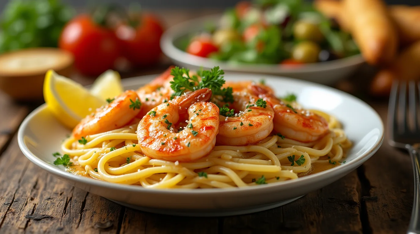 A plate of Olive Garden shrimp scampi featuring golden shrimp over a bed of pasta, garnished with fresh parsley and lemon wedges.