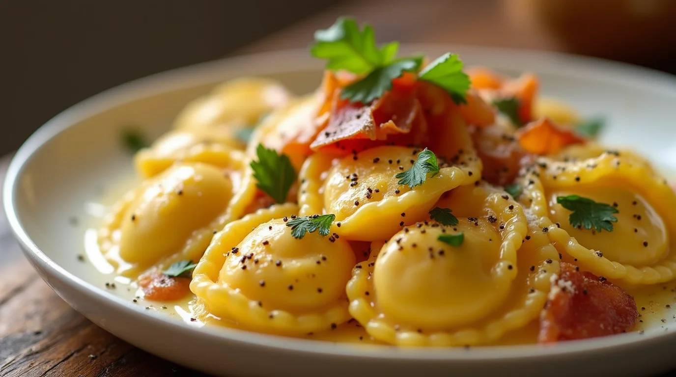 Plate of ravioli carbonara topped with crispy pancetta and parsley.