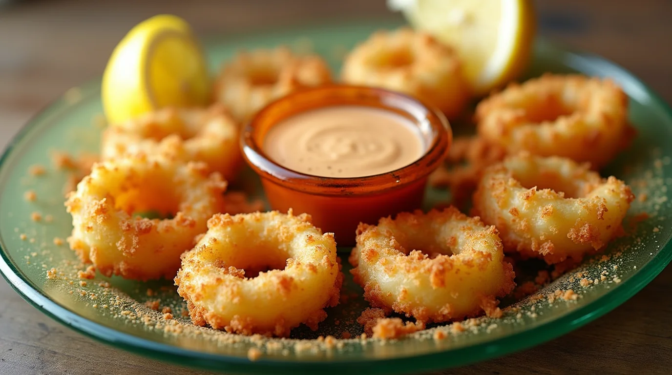 Spicy crispy fried calamari recipe with golden calamari rings, dipping sauce, and lemon wedges on a green plate.