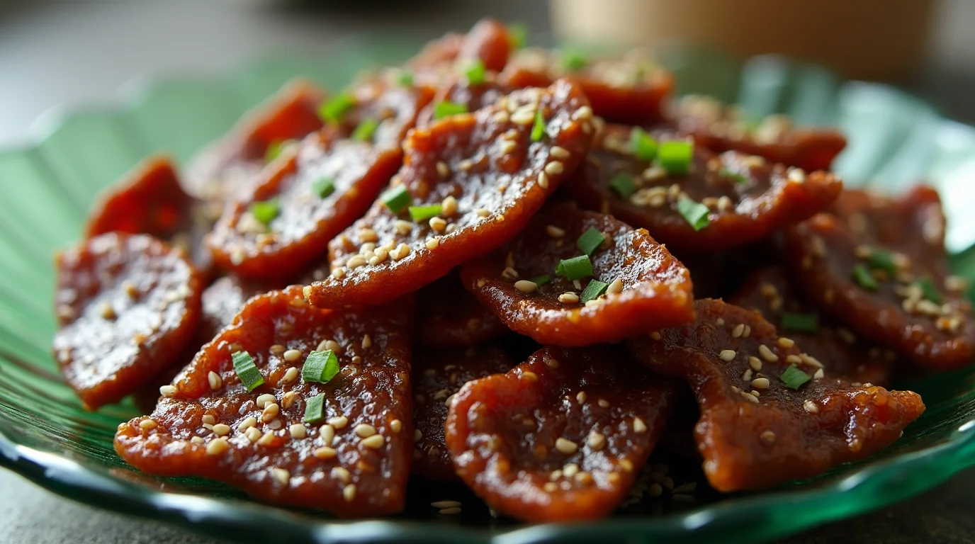 Close-up of a plate of teriyaki beef jerky garnished with sesame seeds and green onions.