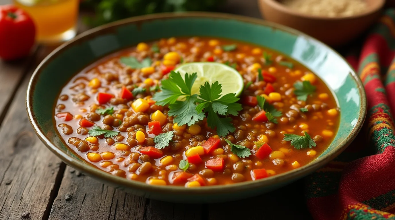 Vibrant bowl of Mexican lentil soup garnished with lime and cilantro.