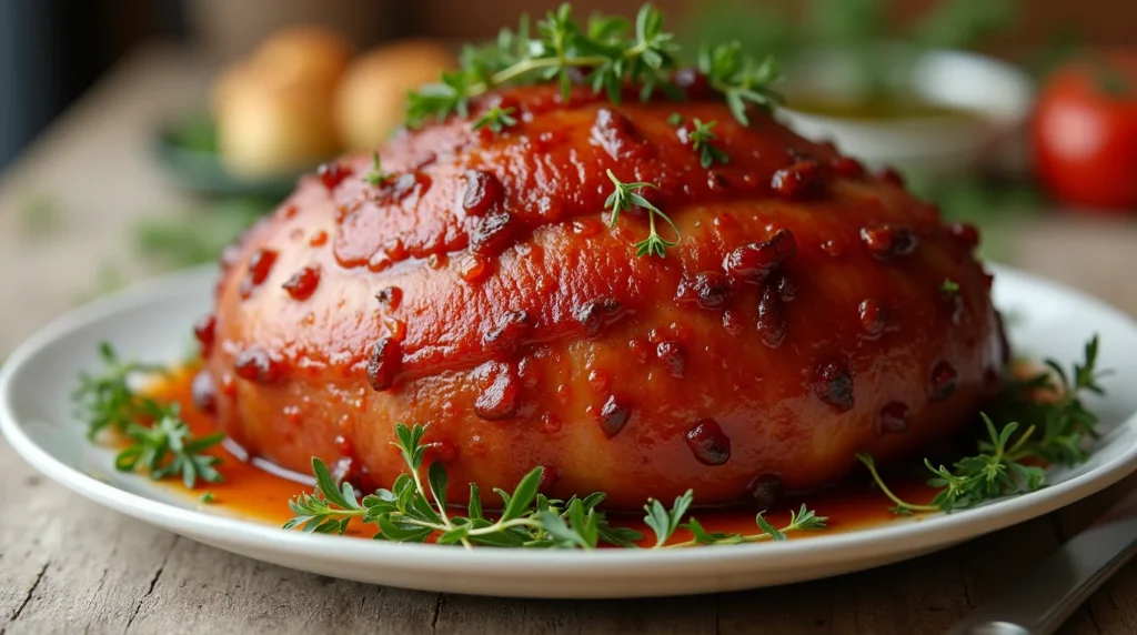 A perfectly glazed ham garnished with fresh herbs, showcasing the rich flavor of a 3-ingredient ham glaze recipe.