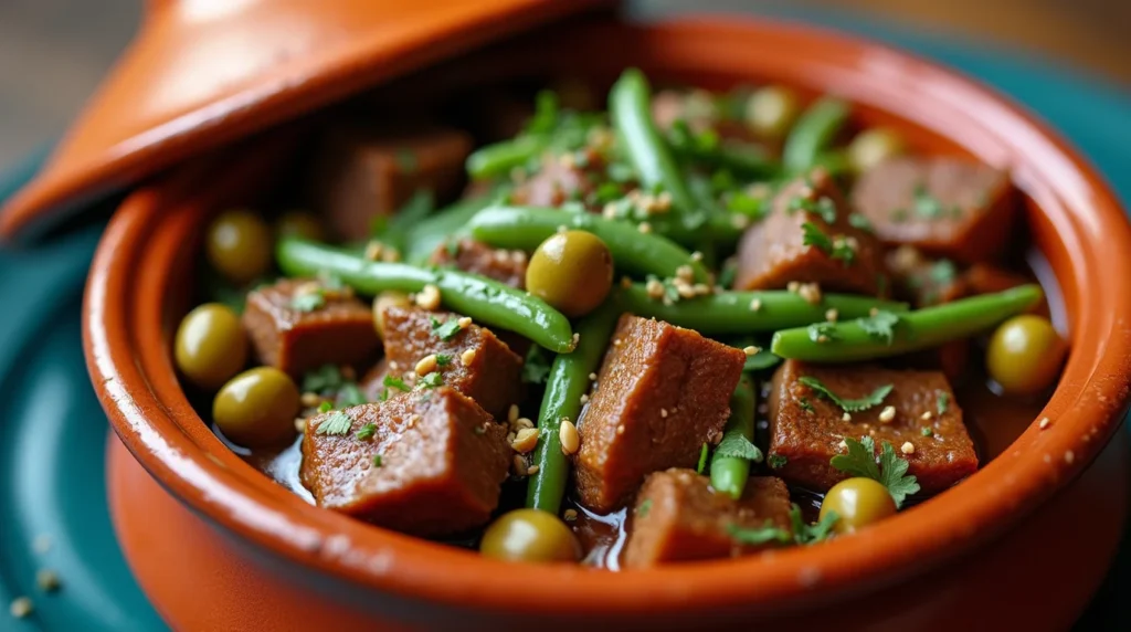 A close-up of Beef Tagine with Green Beans and Olives, garnished with fresh herbs in a traditional clay pot.