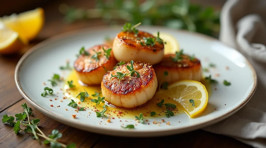 Close-up of a callo de hacha recipe showcasing seared scallops garnished with herbs and served with lemon wedges and butter sauce.