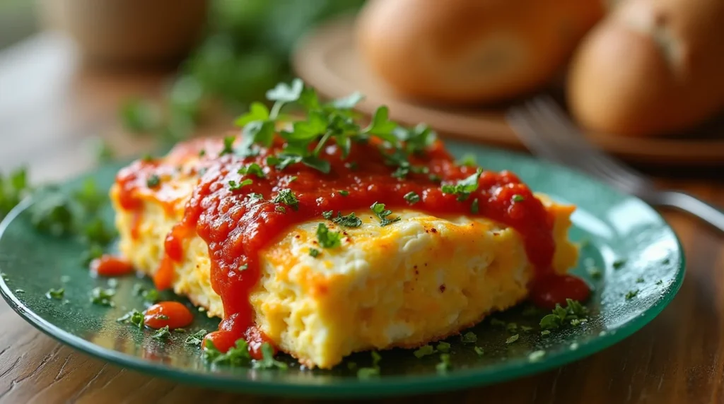 Front view of Cottage Cheese Egg Bake with Spiced Tomato Sauce, garnished with fresh herbs.