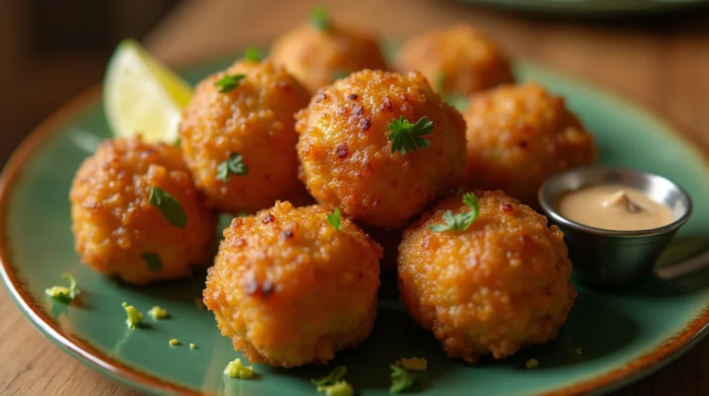 Close-up of golden-brown crispy fried kibbeh served on a green plate, garnished with parsley and accompanied by a dipping sauce and a lemon wedge.