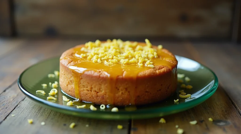 A golden cake from the Dan Richards olive oil cake recipe, topped with a glossy glaze and lemon zest, served on a green plate.