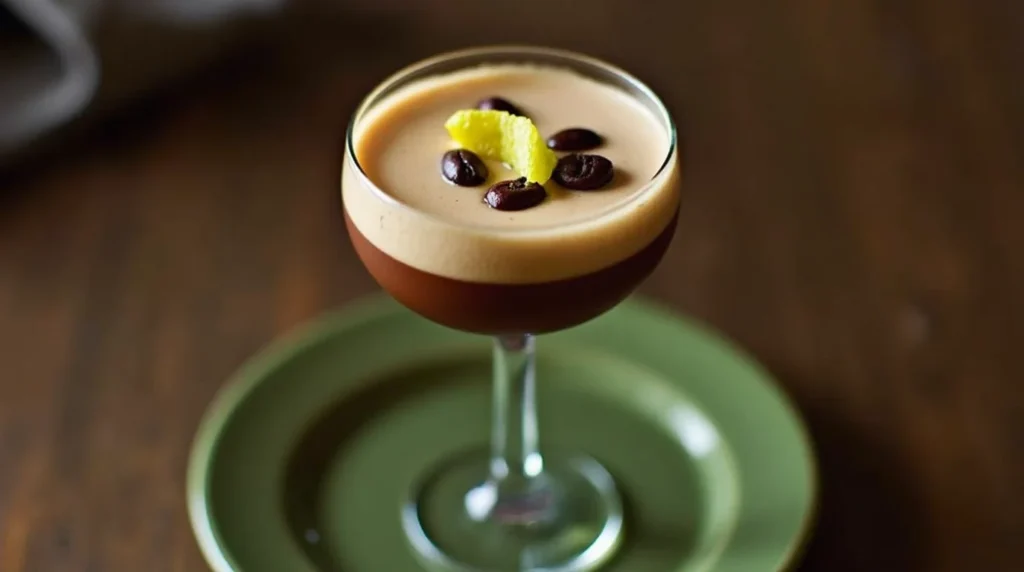 A front view of an Espresso Martini with Tequila, garnished with coffee beans and a lemon peel, served in a coupe glass on a green saucer.