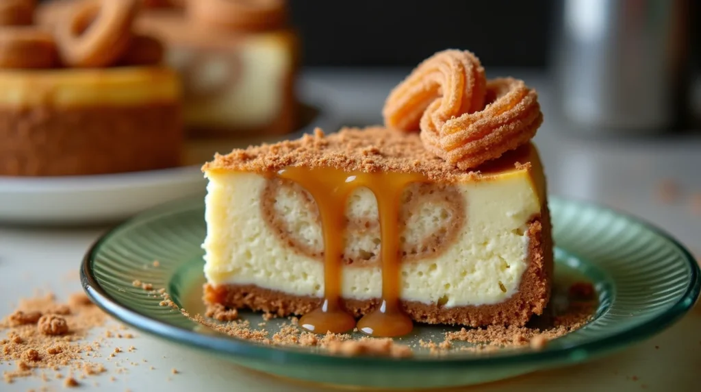 A slice of churro cheesecake recipe with caramel drizzle, a churro garnish, and a graham cracker crust on a green plate.