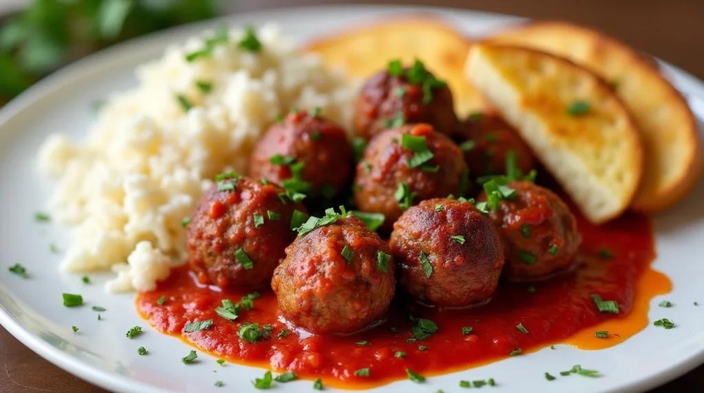 Greek Soutzoukakia meatballs served in a tomato sauce with rice and toasted garlic bread.