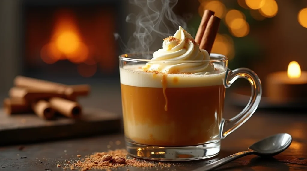 Hot buttered rum drink with ice cream, topped with whipped cream and cinnamon, served in a glass mug with cinnamon sticks in a cozy holiday setting.