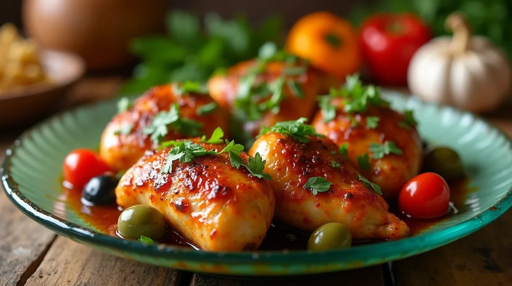 Moroccan Chicken with Brown Sugar and Garlic garnished with parsley, served with cherry tomatoes and olives on a green plate.