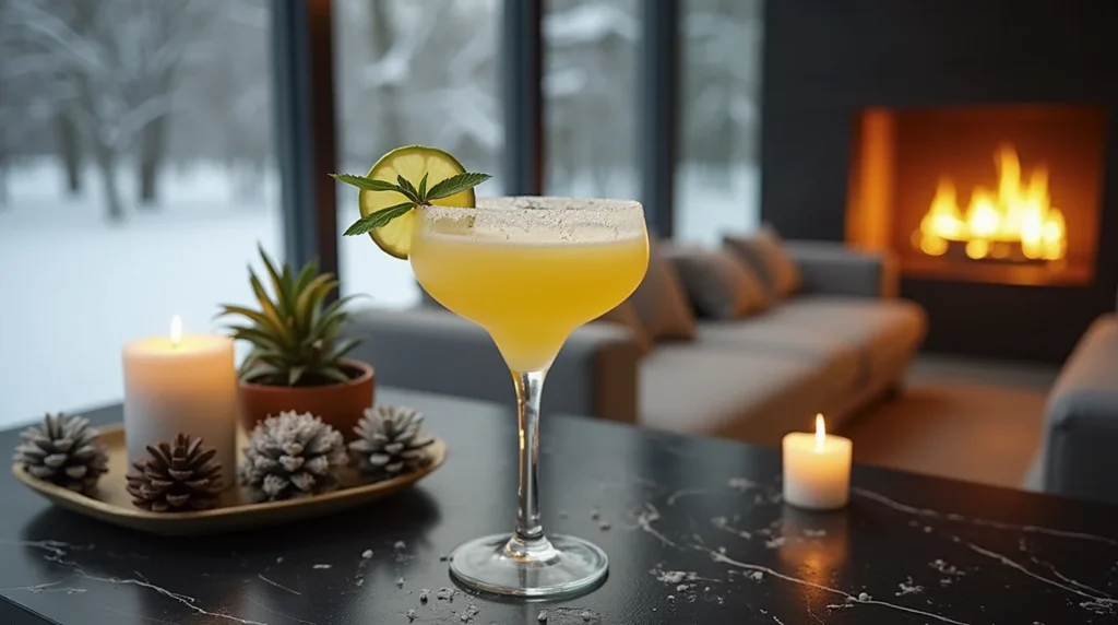 Pineapple Margarita with a lemon garnish in a cozy winter setting.