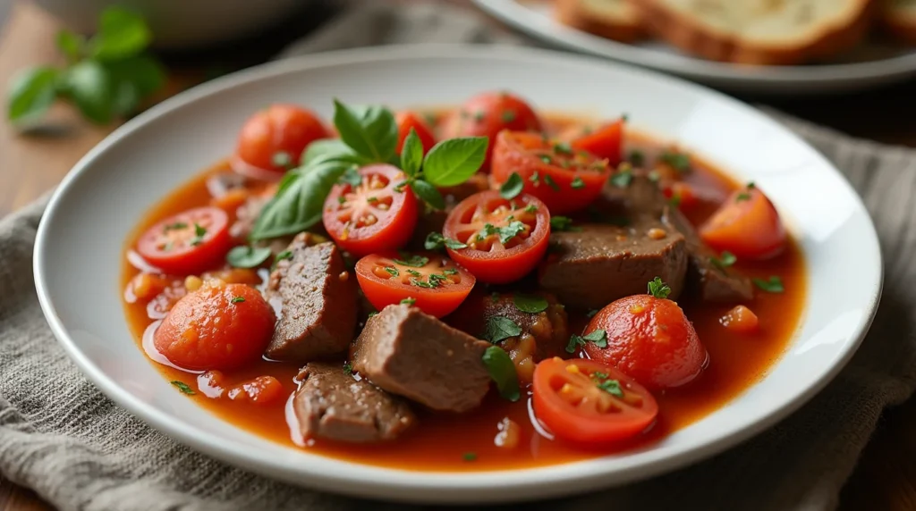 A hearty bowl of tomato beef stew garnished with fresh basil and parsley, featuring tender beef chunks and cherry tomatoes in a rich tomato-based broth.