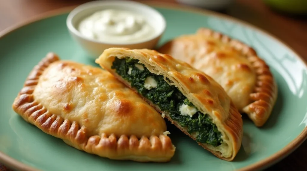 Trader Joe's Spanakopita with golden flaky crust, filled with spinach and feta, served on a green plate alongside a creamy dipping sauce.