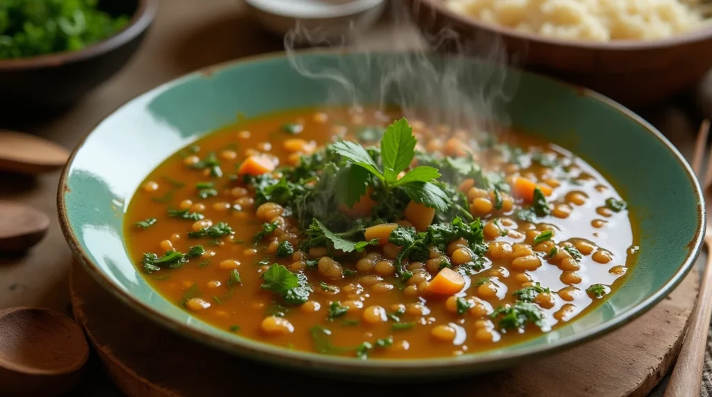 A steaming bowl of Traditional Lentil Soup With Greens And Rice with fresh greens and diced carrots, garnished with mint leaves.