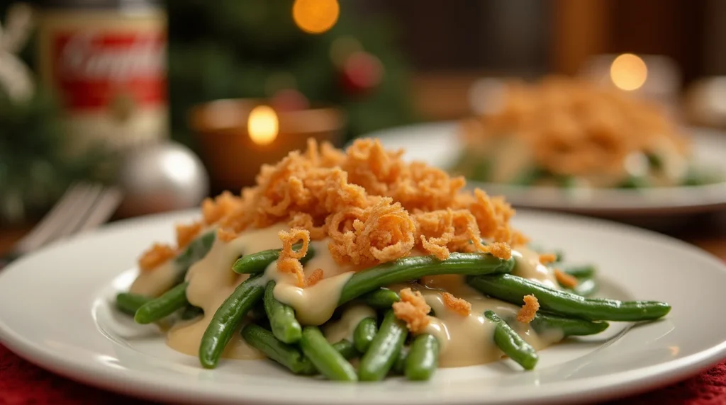 Close-up of a Campbell Soup green bean casserole recipe with creamy sauce and crispy fried onions on a white plate.