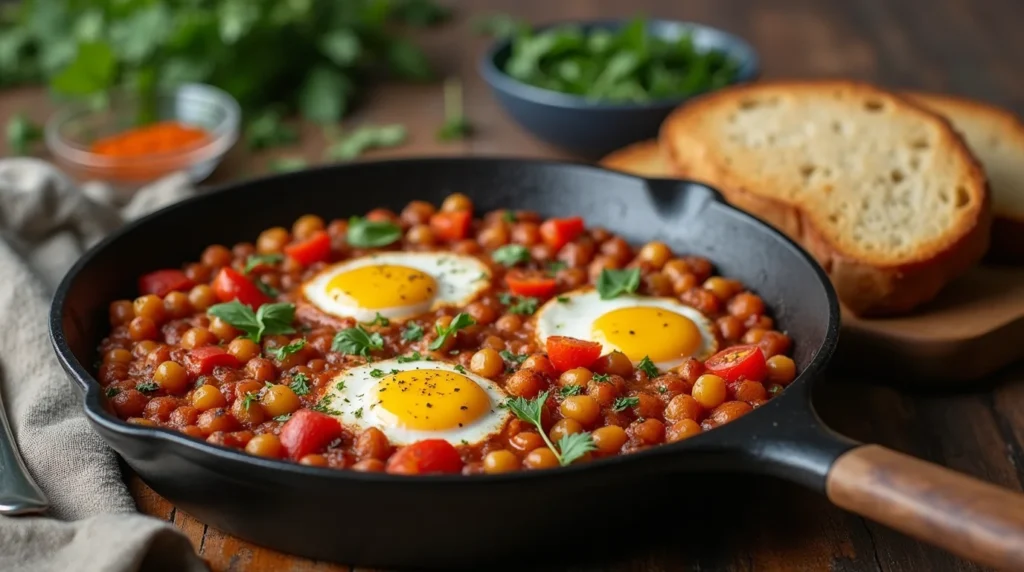 Chickpea shakshuka with eggs, red bell peppers, and parsley in a skillet, served with toasted bread.