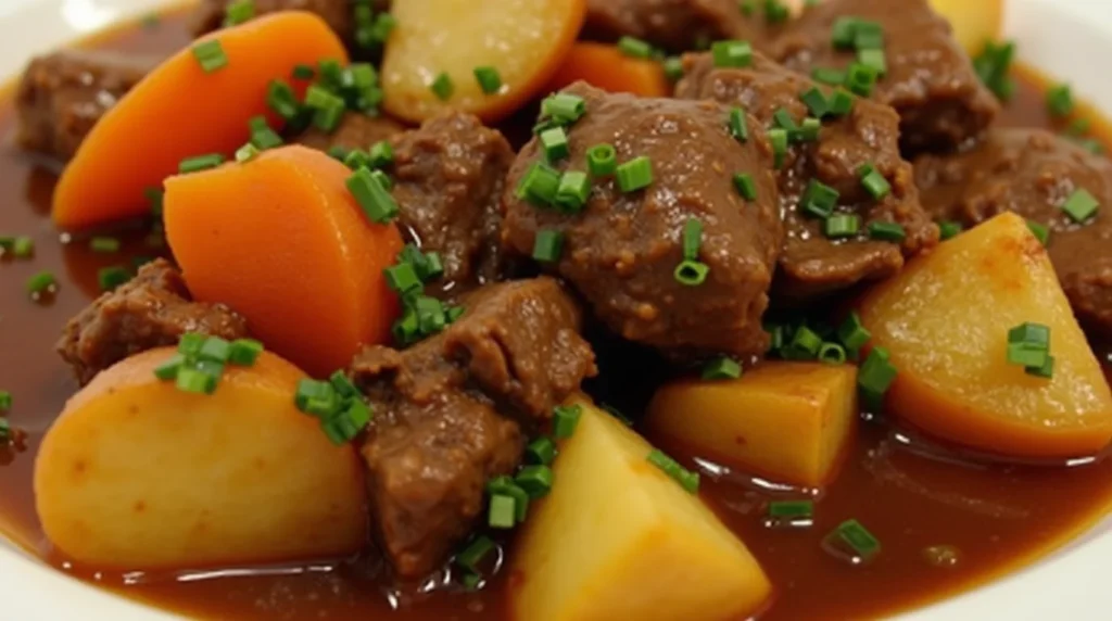 A plate of Dinty Moore beef stew recipe featuring tender beef chunks, carrots, and potatoes in a savory gravy topped with fresh chives.