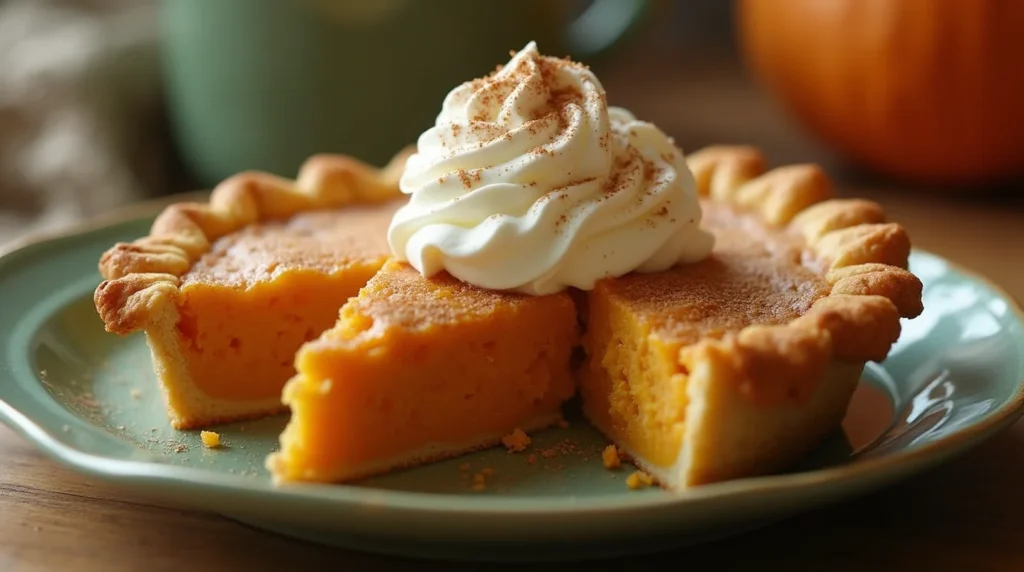 A beautifully baked double crusted sweet potato pie with a slice cut out, topped with whipped cream and cinnamon, served on a green plate.